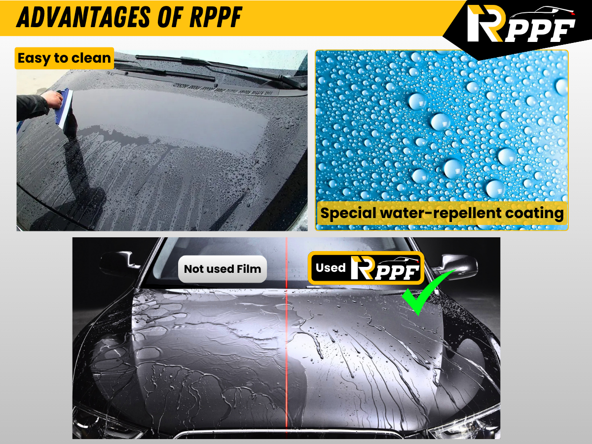 The fourth advantage of RPPF PPF films is Stain-resistant and Easy to clean | RPPF PPF is stain-resistant and maintains clarity under harsh conditions. Its special water-repellent coating makes cleaning easier and reduces dust accumulation compared to regular paint.