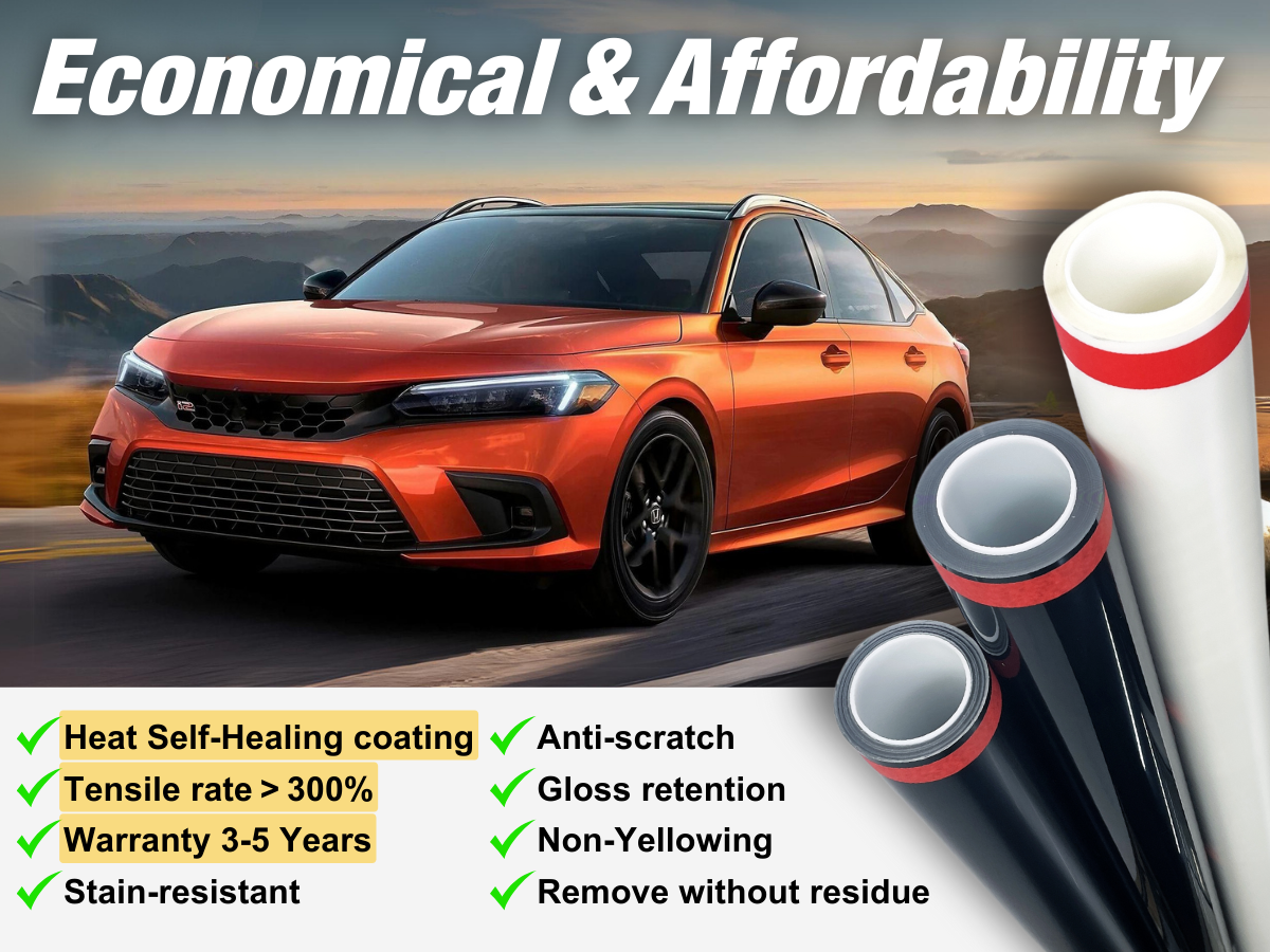 The ECO Series TPU PPF is an economical choice with basic performance. Key advantages include heat self-healing coating, tensile rate >300%, 3-5 year warranty, stain resistance, scratch resistance, gloss retention, non-yellowing, and residue-free removal.