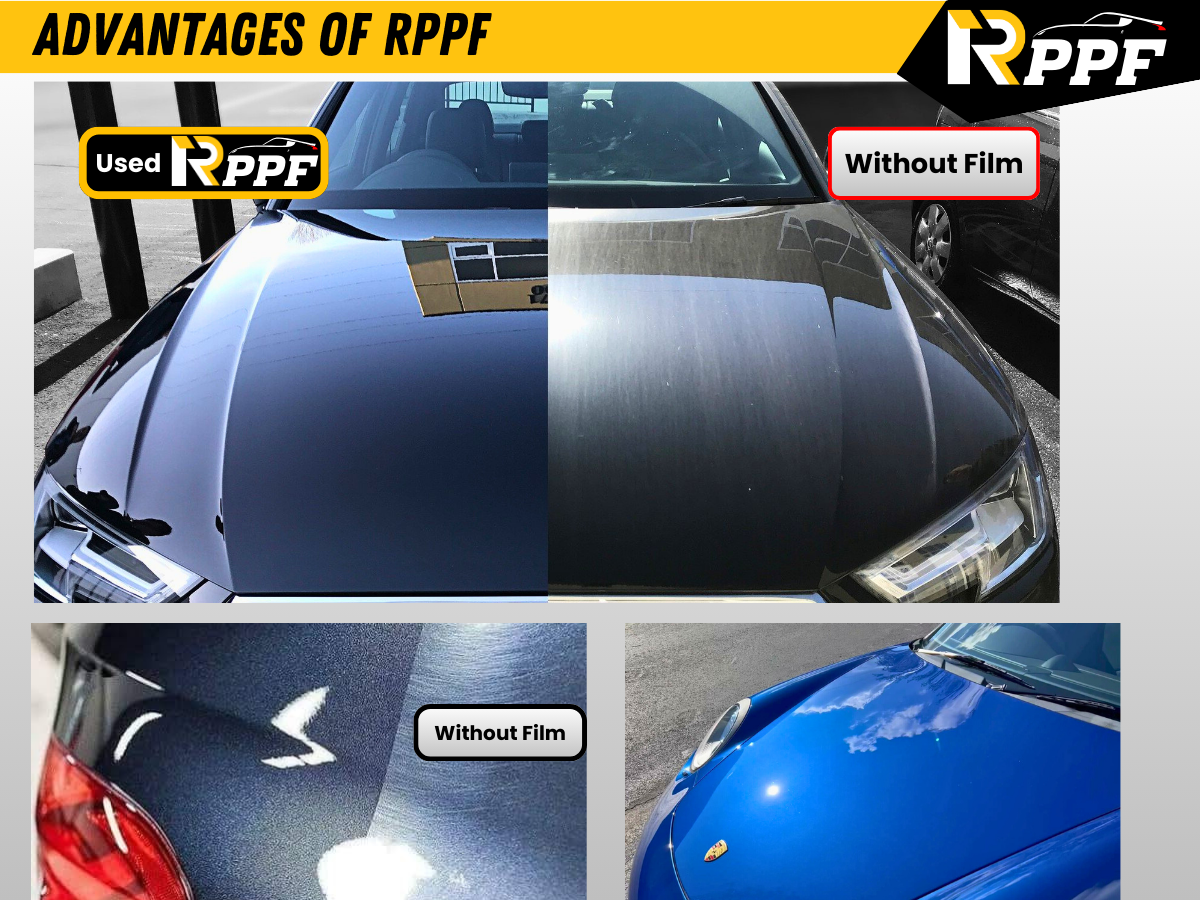 The third advantage of RPPF PPF films is Enhance Gloss and Keep Shiny | RPPF has a high-gloss translucency that enhances the gloss of your car paint by 40%. Its nano-scale thickness is completely undetectable after installation. With anti-oxidation and stable performance for 5-10 years, RPPF keeps looking like a new car for as long as possible, maintaining the same quality as the original paint.