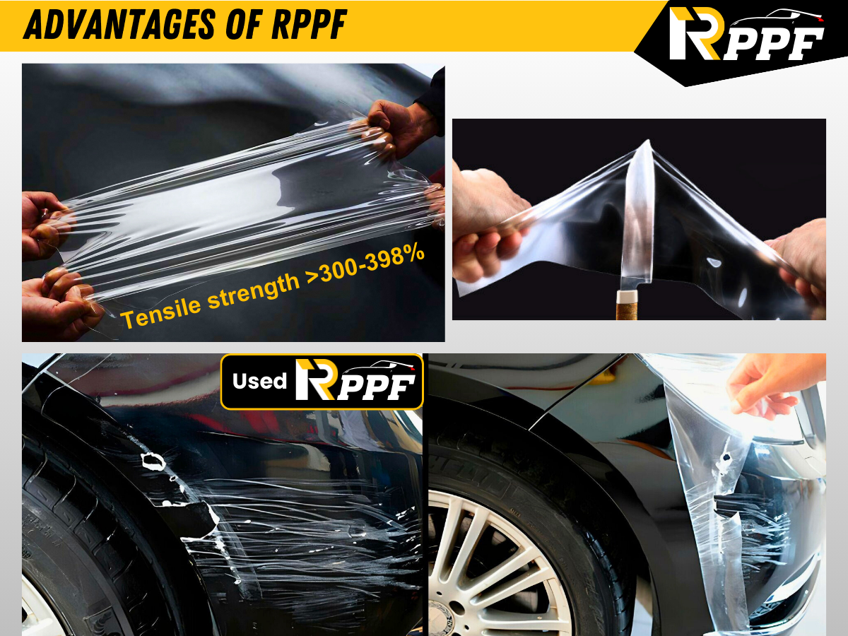The first advantage of RPPF PPF films is High Tensile Strength & Extra Durable | RPPF is exclusively formulated for high tensile strength, with tensile ratios of up to 300%-398%. They shield your car paint from scratches, rock chips, and other debris that can cause damage and 5-10 years of stable performance. Even if the film gets damaged, the paint underneath remains intact like this case.