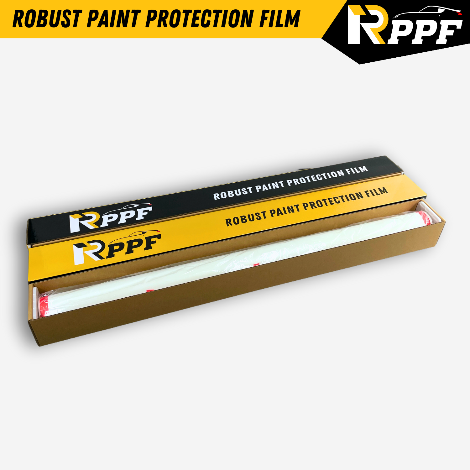 Packaging details of RPPF Clear TPU PPF include: Clear packaging film to wrap the car film,a plastic hard shell to protect the ends of the car film from damage and the outer cardboard box.