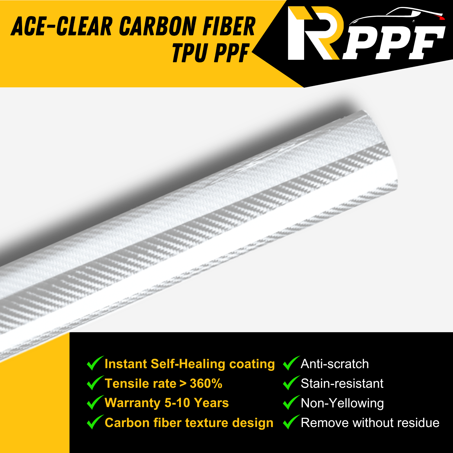 RPPF 7.5mil Clear Carbon Fiber Paint Protection Film with Self-Healing Topcoat, ACE-Clear Carbon Fiber TPU PPF, and lists the performance parameters about it.
