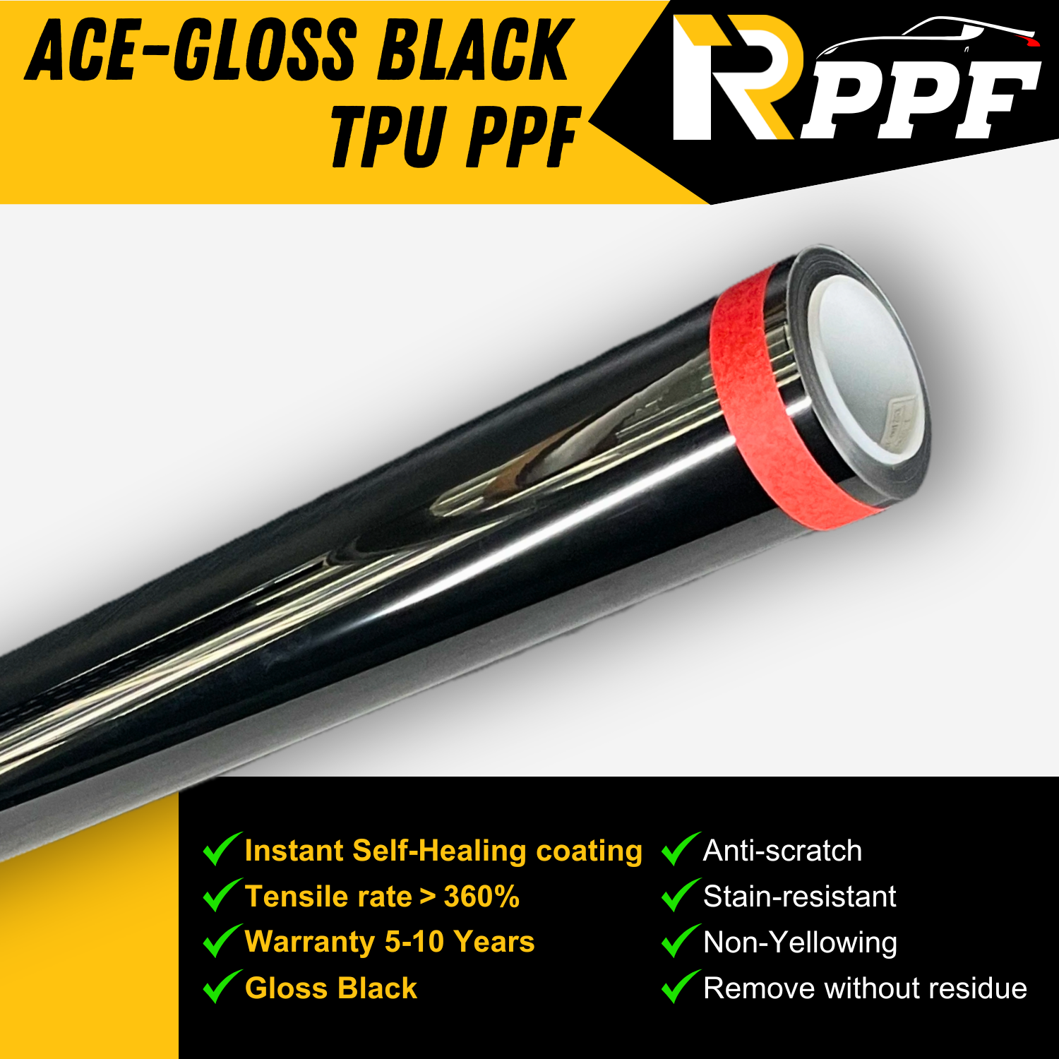 RPPF Clear Gloss Black 7.5mil Paint Protection Film with Self-Healing Topcoat, ACE-Gloss Black TPU PPF, and lists the performance parameters about it.