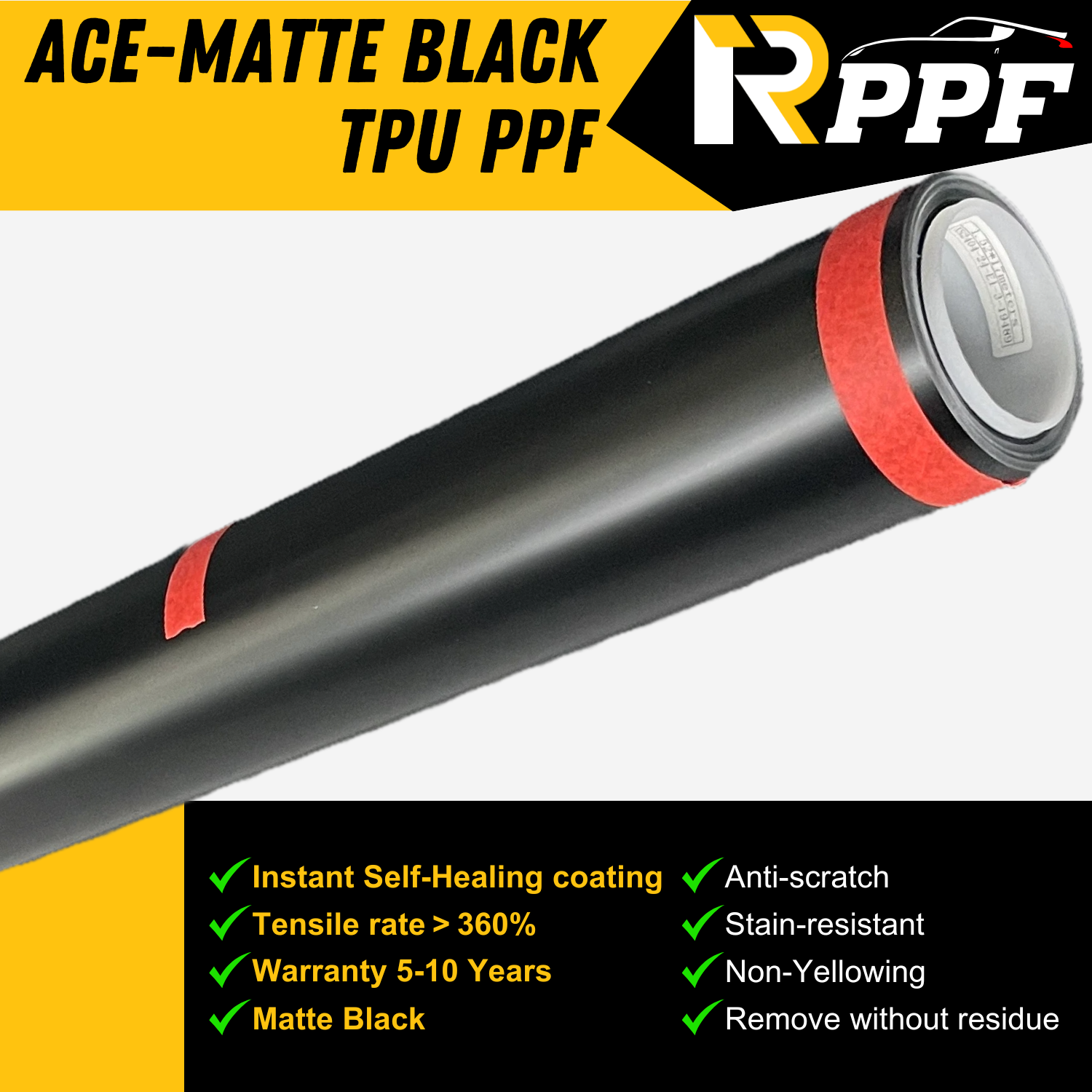 RPPF 7.5mil Matte Black Paint Protection Film with Self-Healing Topcoat, ACE-Matte Black TPU PPF, and lists the performance parameters about it.
