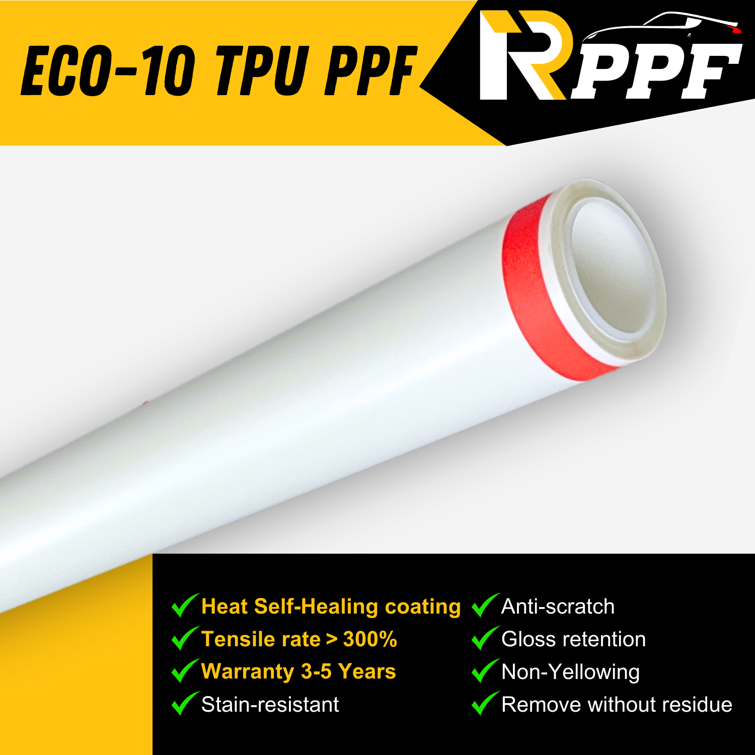 RPPF Clear Gloss 10mil Paint Protection Film with Self-Healing Topcoat, ECO-10 TPU PPF, and lists the performance parameters about it.