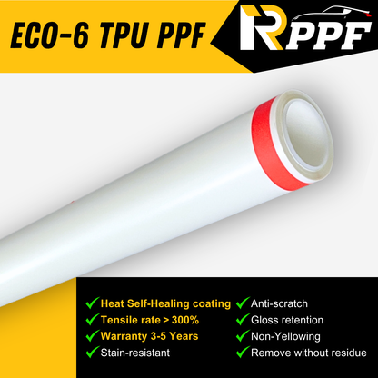 RPPF Clear Gloss 6.5mil Paint Protection Film with Self-Healing Topcoat, ECO-6 TPU PPF, and lists the performance parameters about it.