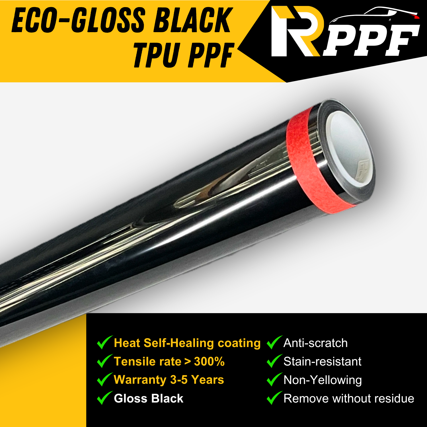 RPPF 7.5mil Gloss Black Paint Protection Film with Self-Healing Topcoat, ECO-Gloss Black TPU PPF, and lists the performance parameters about it.