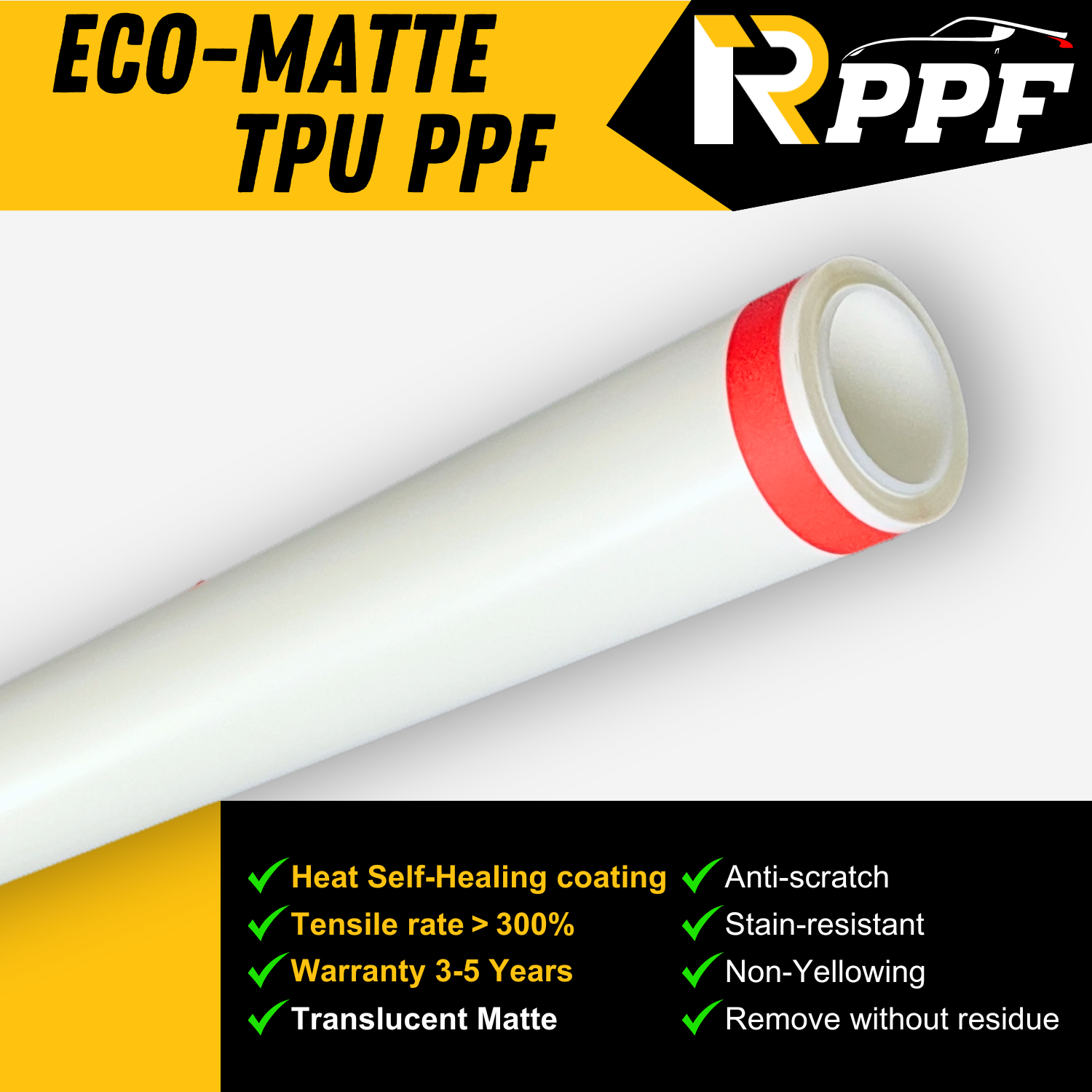 RPPF 7.5mil Matte Paint Protection Film with Self-Healing Topcoat, ECO-Matte TPU PPF, and lists the performance parameters about it.