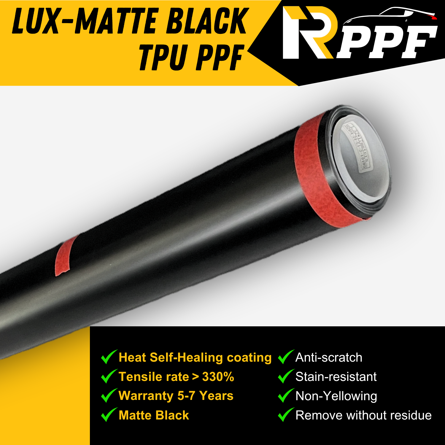 RPPF 7.5mil Matte Black Paint Protection Film with Self-Healing Topcoat, LUX-Matte Black TPU PPF, and lists the performance parameters about it.