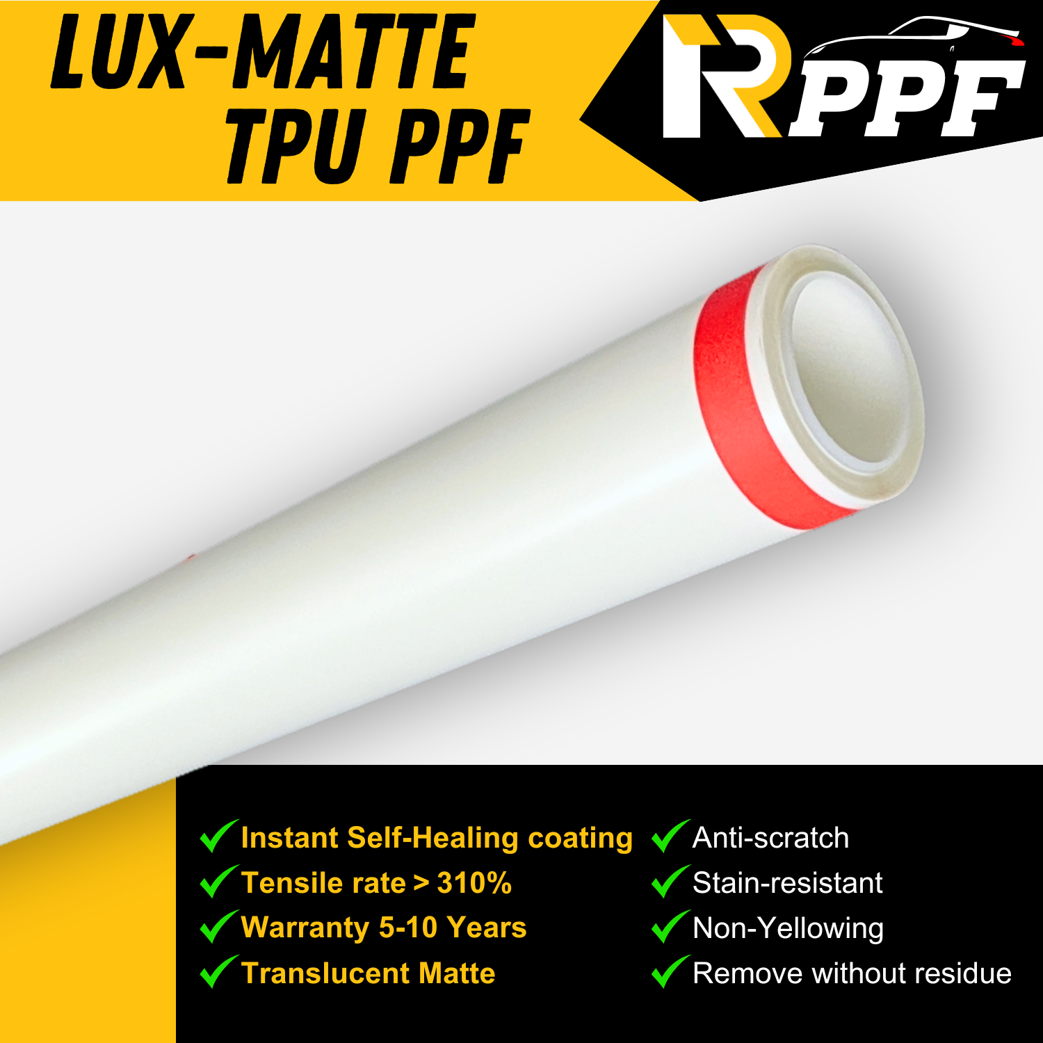 RPPF 8.5mil Matte Paint Protection Film with Self-Healing Topcoat, LUX-Matte TPU PPF, and lists the performance parameters about it.