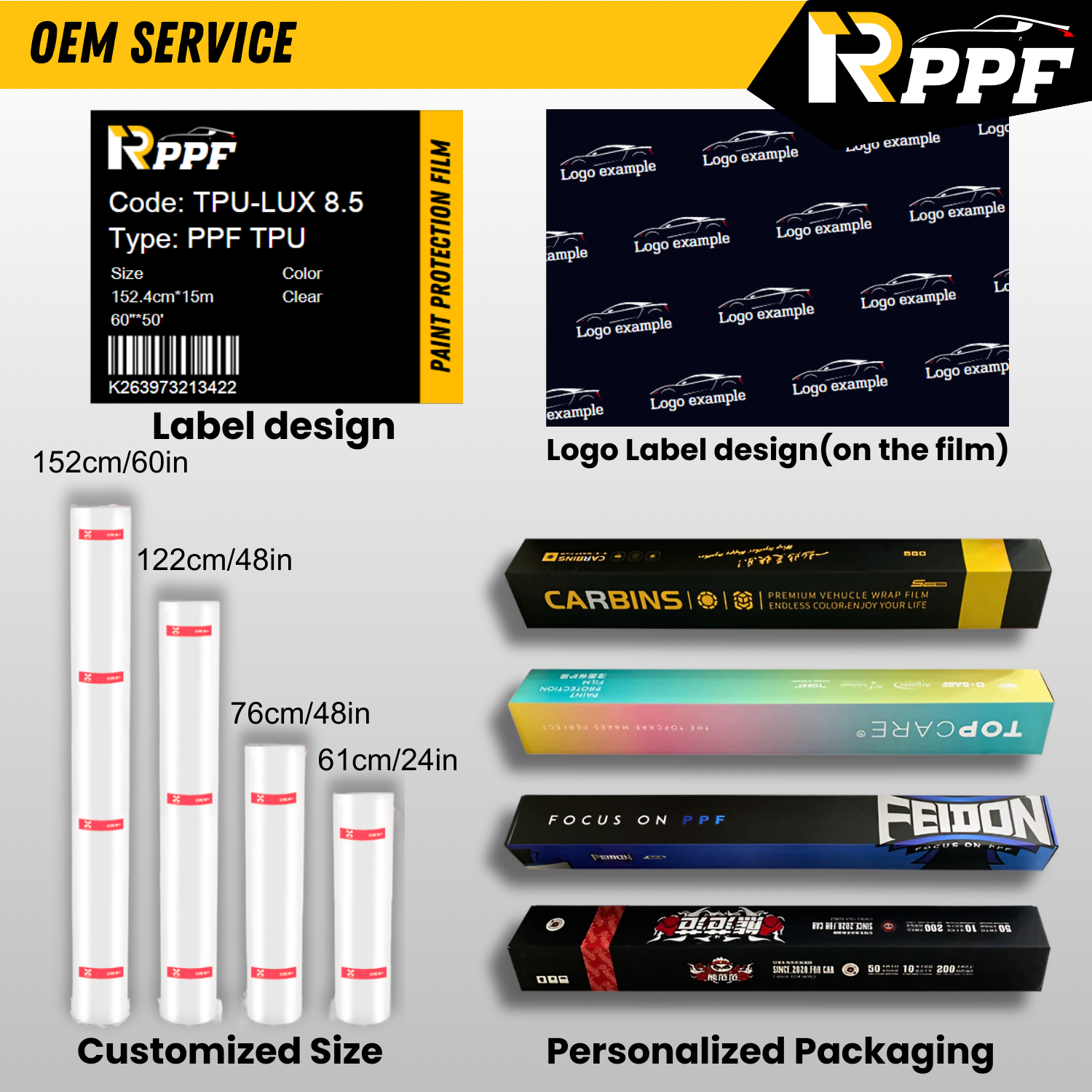 RPPF OEM services include customized sizes, personalized packaging, label design, and logo label design (on the film). 