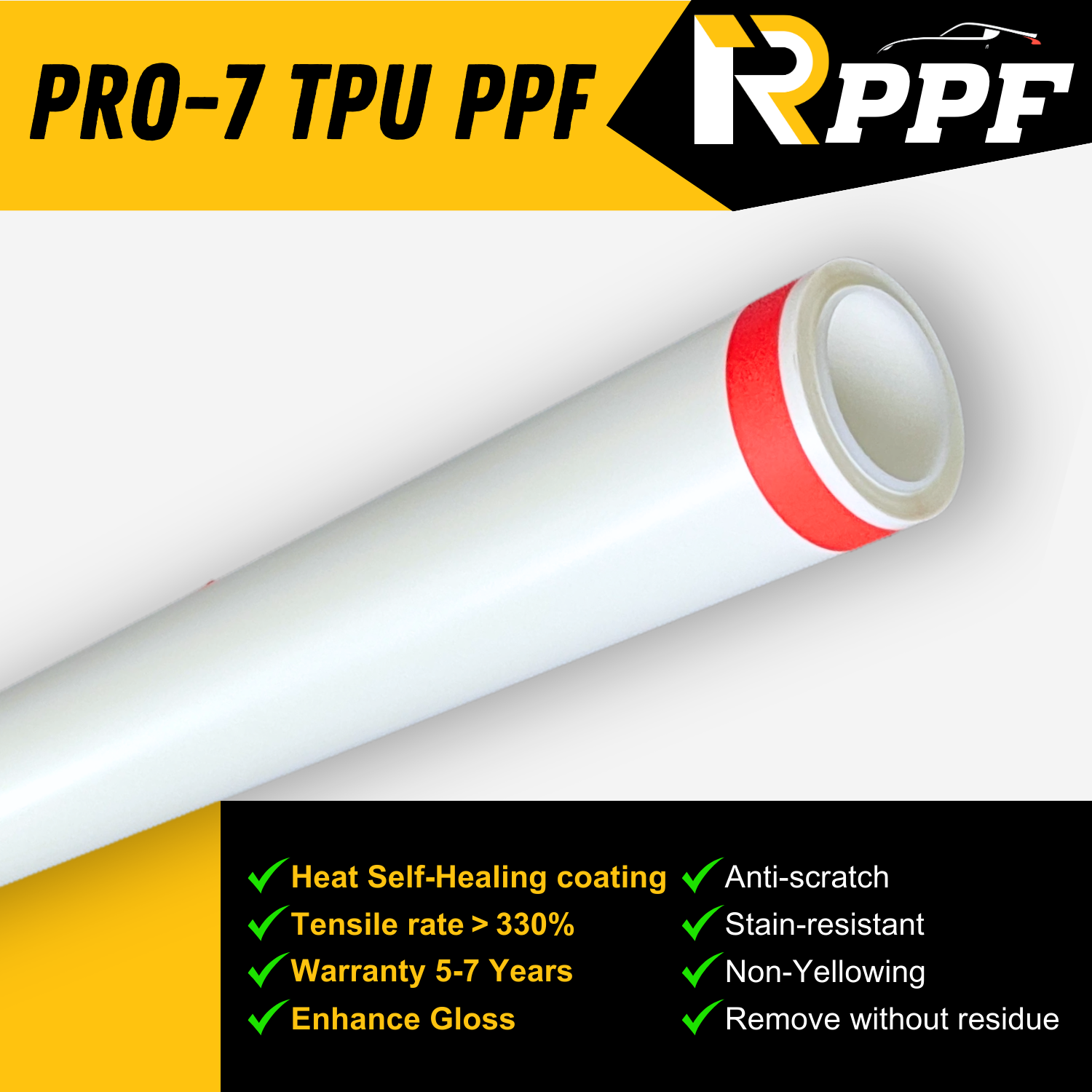 RPPF 7.5mil Clear Gloss Paint Protection Film with Self-Healing Topcoat, PRO-7 TPU PPF, and lists the performance parameters about it.