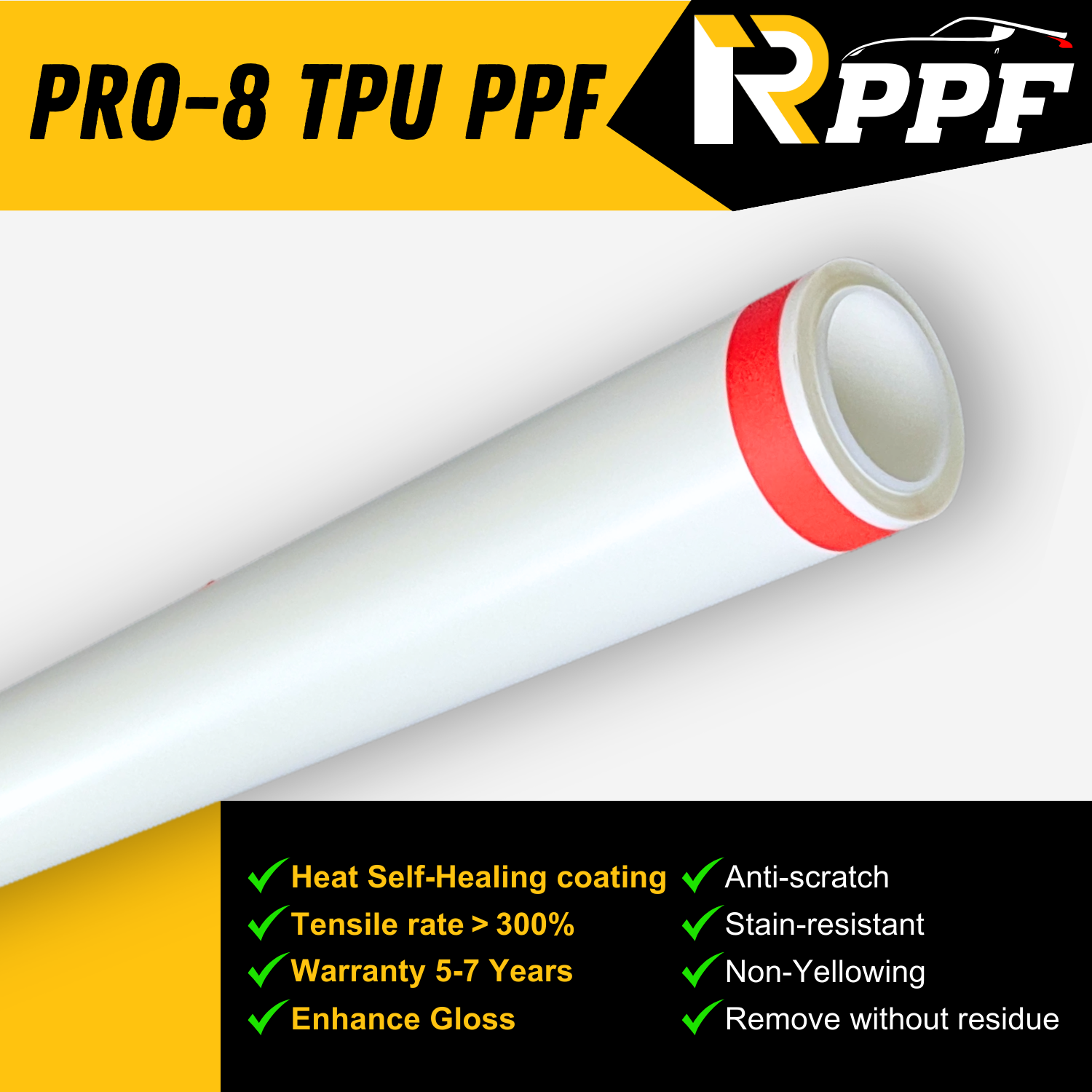RPPF 8.5mil Clear Gloss Paint Protection Film with Self-Healing Topcoat, PRO-8 TPU PPF, and lists the performance parameters about it.