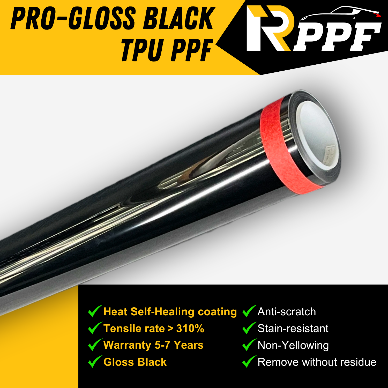 RPPF 7.5mil Clear Gloss Black Paint Protection Film with Self-Healing Topcoat, PRO-Gloss Black TPU PPF, and lists the performance parameters about it.