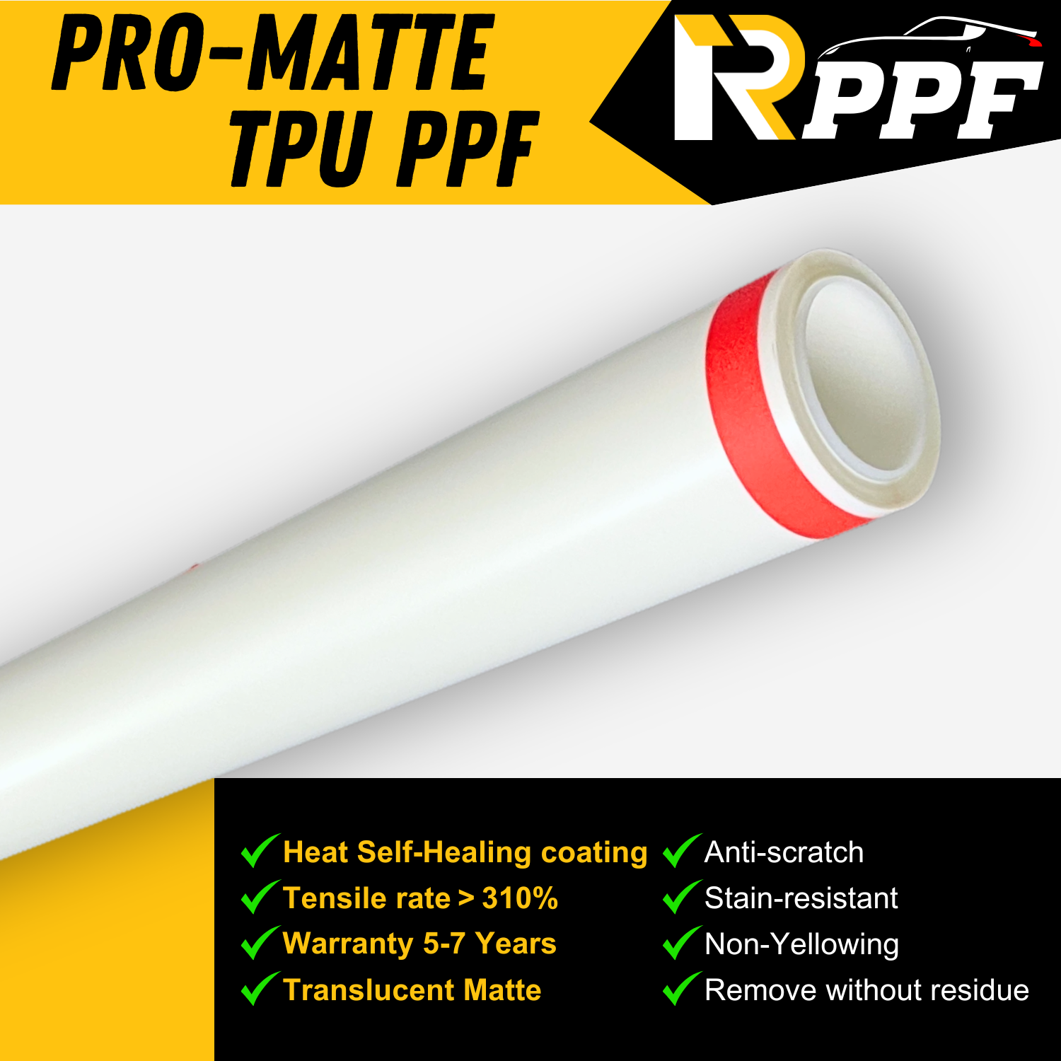 RPPF Matte 7.5mil Paint Protection Film with Self-Healing Topcoat, PRO-Matte TPU PPF, and lists the performance parameters about it.